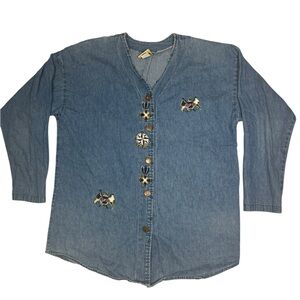 Vintage‎ Designs Limited Denim Shirt Jacket L/XL Embroidered Nautical Theme